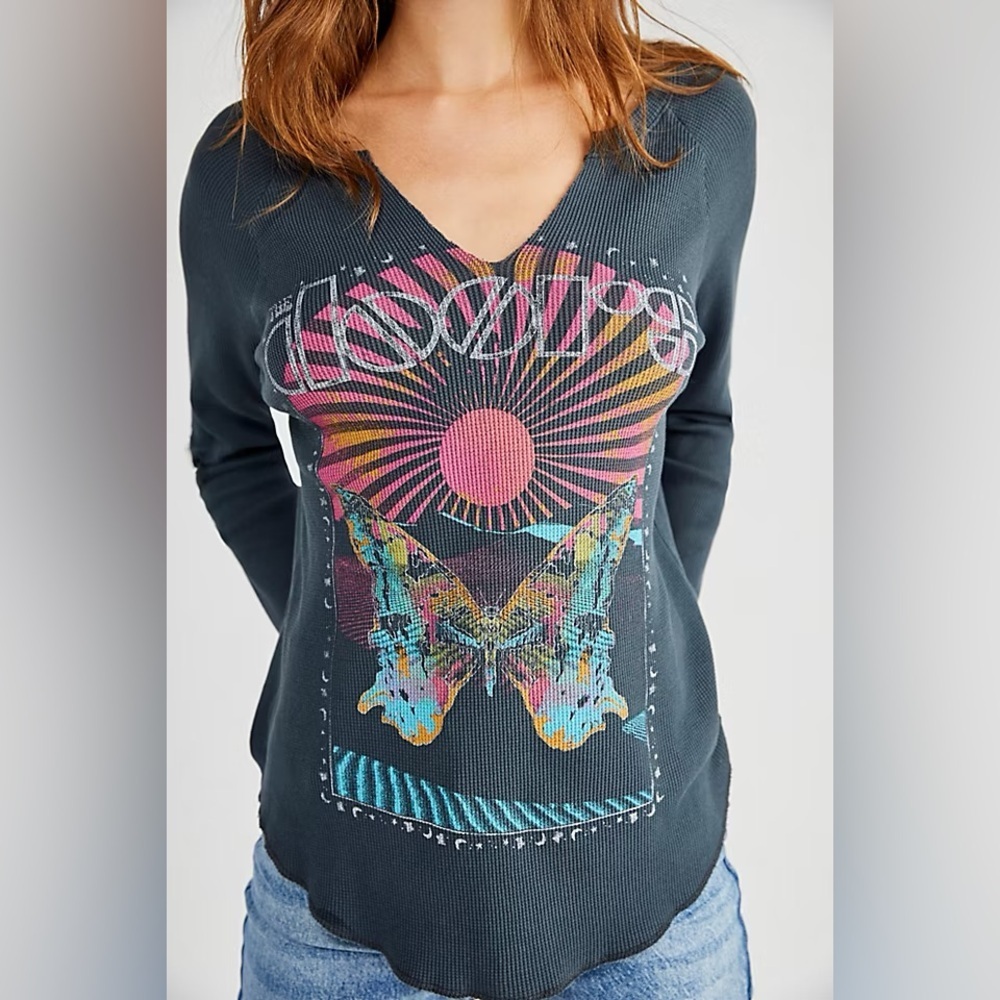 Daydreamer x Free People The Doors Grey Waffle Knit Graphic Long Sleeve T sz M